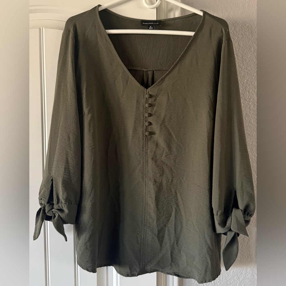 Women's Olive Green V-Neck Tunic with Tie Sleeve Detail
